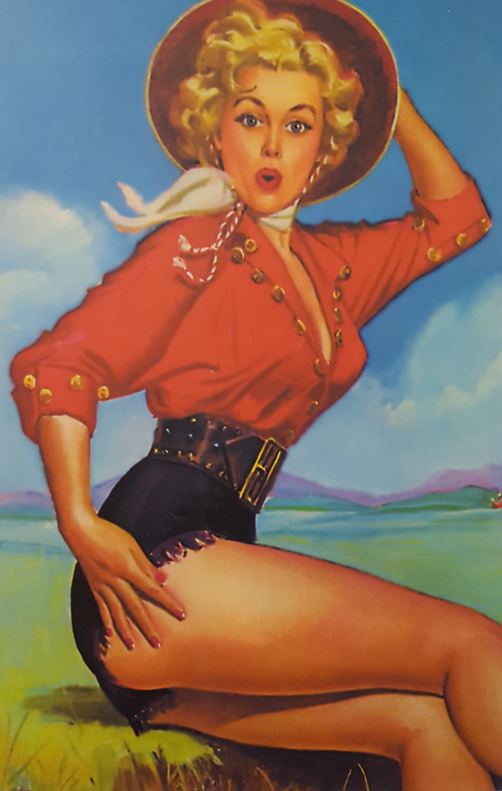 Vintage 1950s K O Munson Blonde Cowgirl Pin Up Art Print Old Time